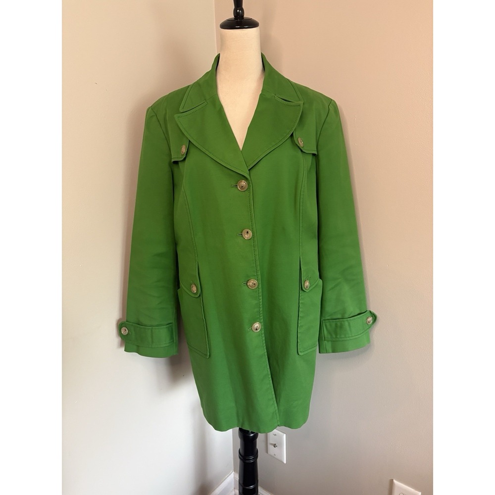VTG Cole Haan Jacket Kelly Green Trench Coat Floral Lining Pockets Womens Sz 14